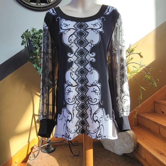 Sheer Sleeve Alfani Top Black White Flowy Dressy Sequin Neck Formal Blouse M - Picture 3 of 12